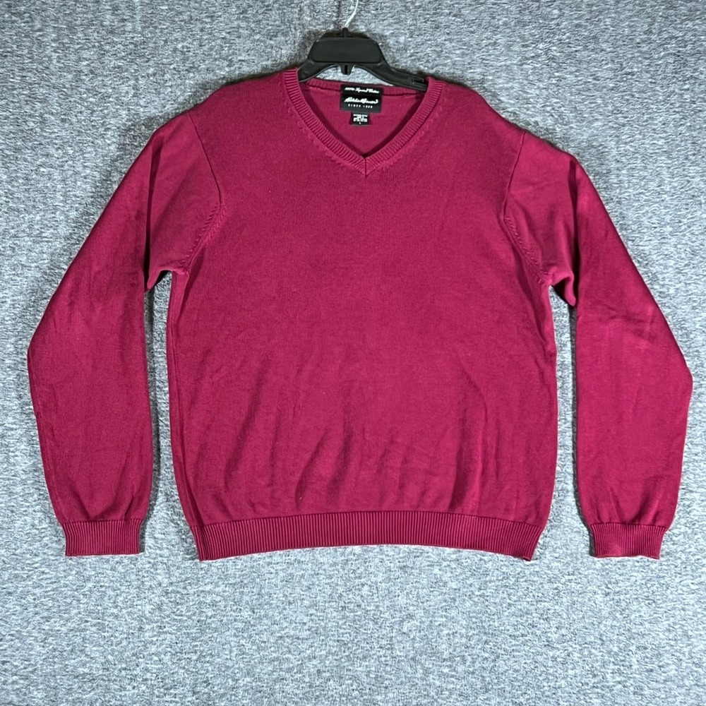 Eddie Bauer Mens Burgundy Pima Cotton V Neck Sweater Size L